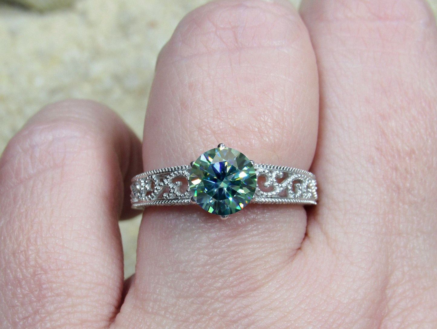 1ct 6mm Vintage Blue Moissanite Engagement Ring, Simulated Diamond,Antique Style Filigree Round Polymnia Petite White-Yellow-Rose Gold-Plt BellaMoreDesign.com