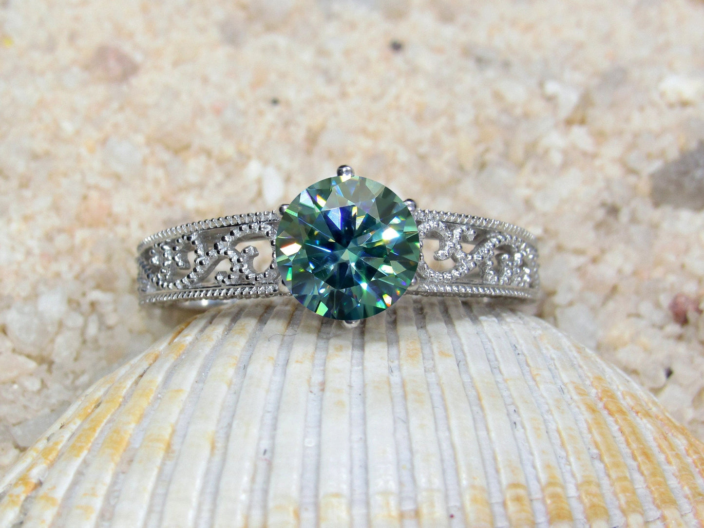 1ct 6mm Vintage Blue Moissanite Engagement Ring, Simulated Diamond,Antique Style Filigree Round Polymnia Petite White-Yellow-Rose Gold-Plt BellaMoreDesign.com