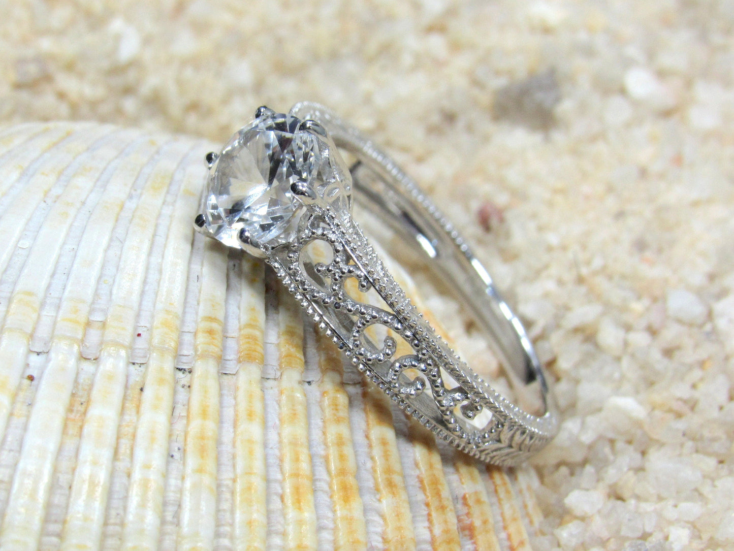 1ct 6mm Vintage Blue Moissanite Engagement Ring, Simulated Diamond,Antique Style Filigree Round Polymnia Petite White-Yellow-Rose Gold-Plt BellaMoreDesign.com