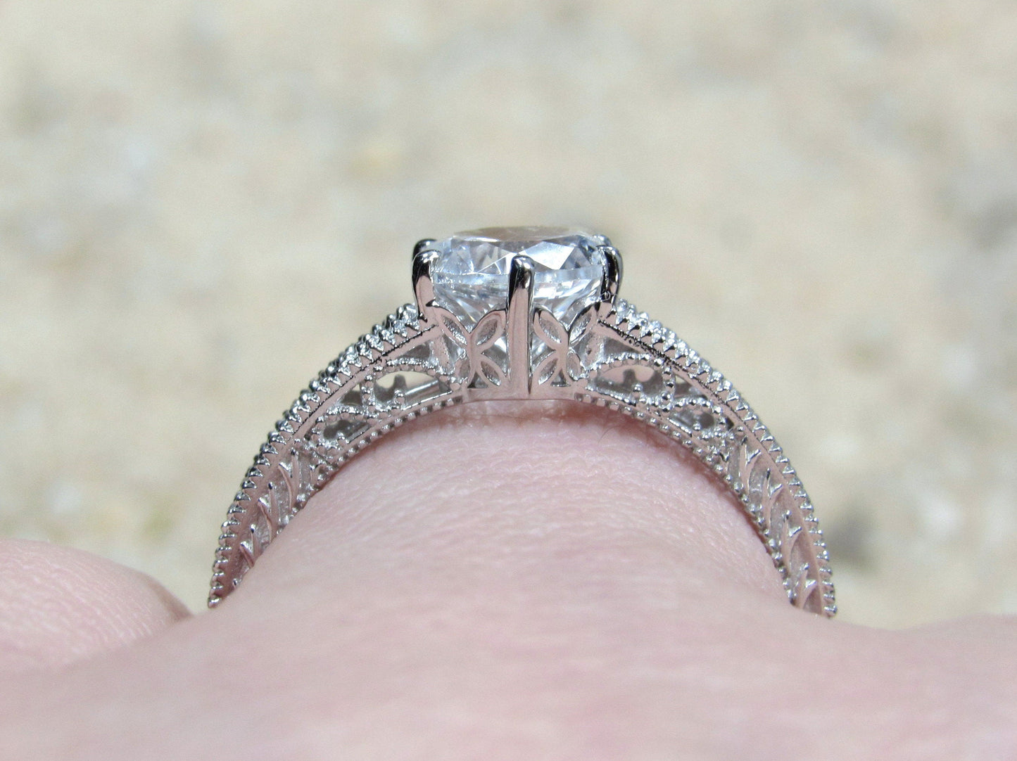 1ct 6mm Vintage Blue Moissanite Engagement Ring, Simulated Diamond,Antique Style Filigree Round Polymnia Petite White-Yellow-Rose Gold-Plt BellaMoreDesign.com