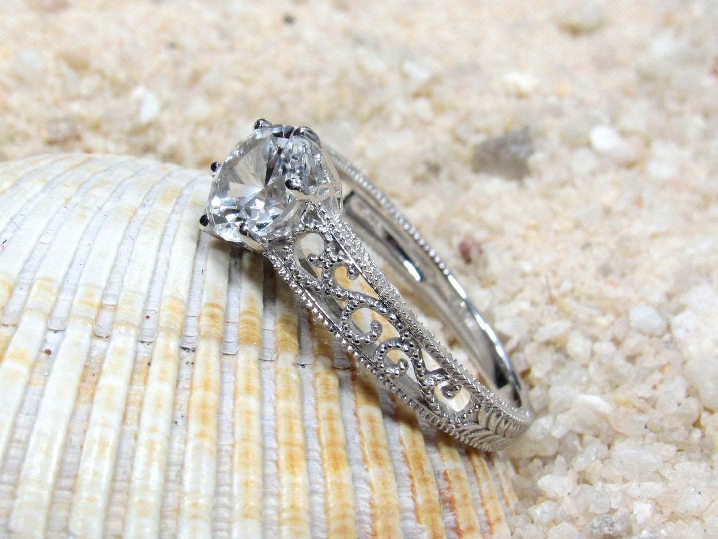 1ct 6mm Vintage Blue Moissanite Engagement Ring, Simulated Diamond,Antique Style Filigree Round Polymnia Petite White-Yellow-Rose Gold-Plt BellaMoreDesign.com
