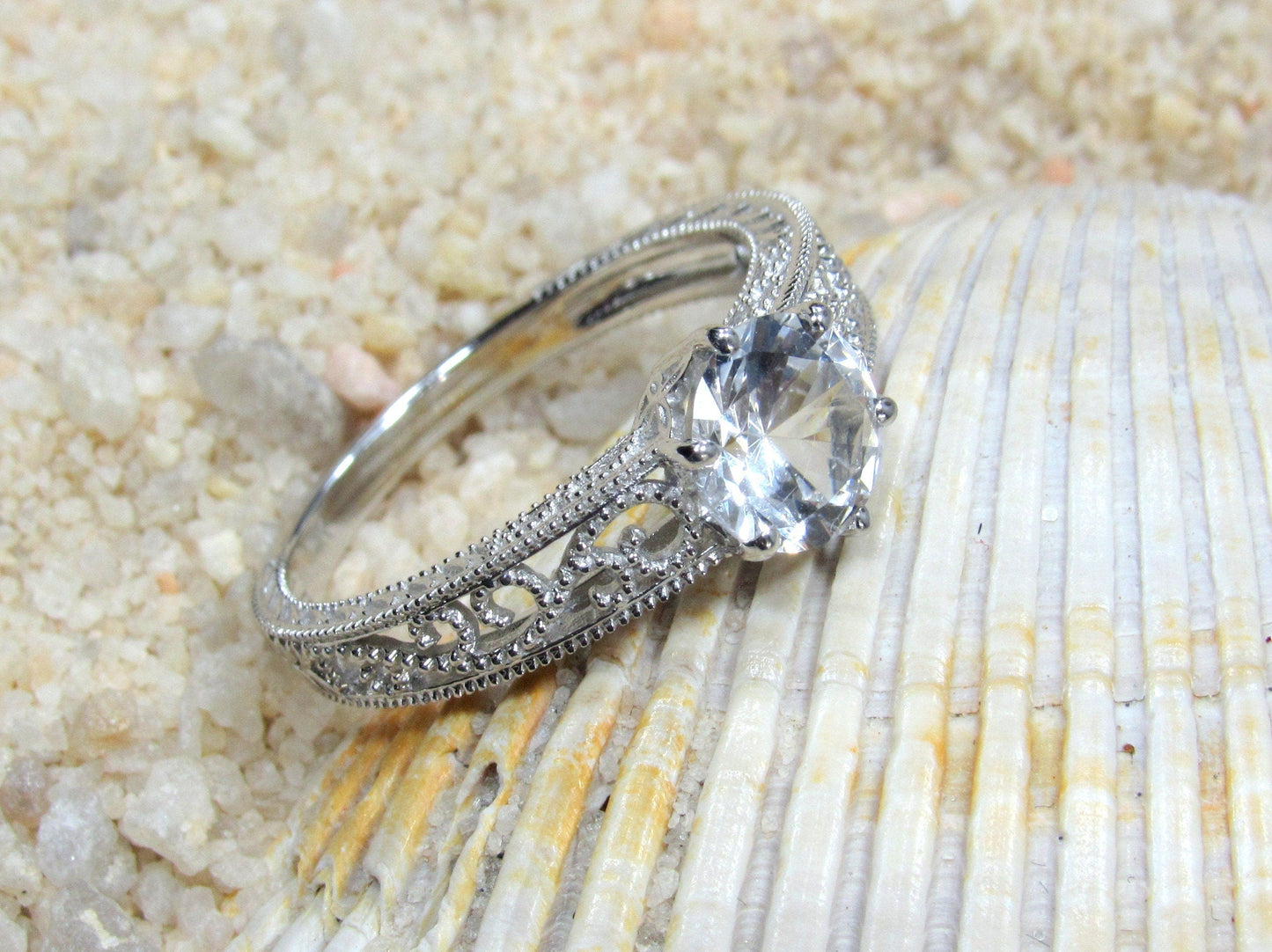 1ct 6mm Vintage Blue Moissanite Engagement Ring, Simulated Diamond,Antique Style Filigree Round Polymnia Petite White-Yellow-Rose Gold-Plt BellaMoreDesign.com