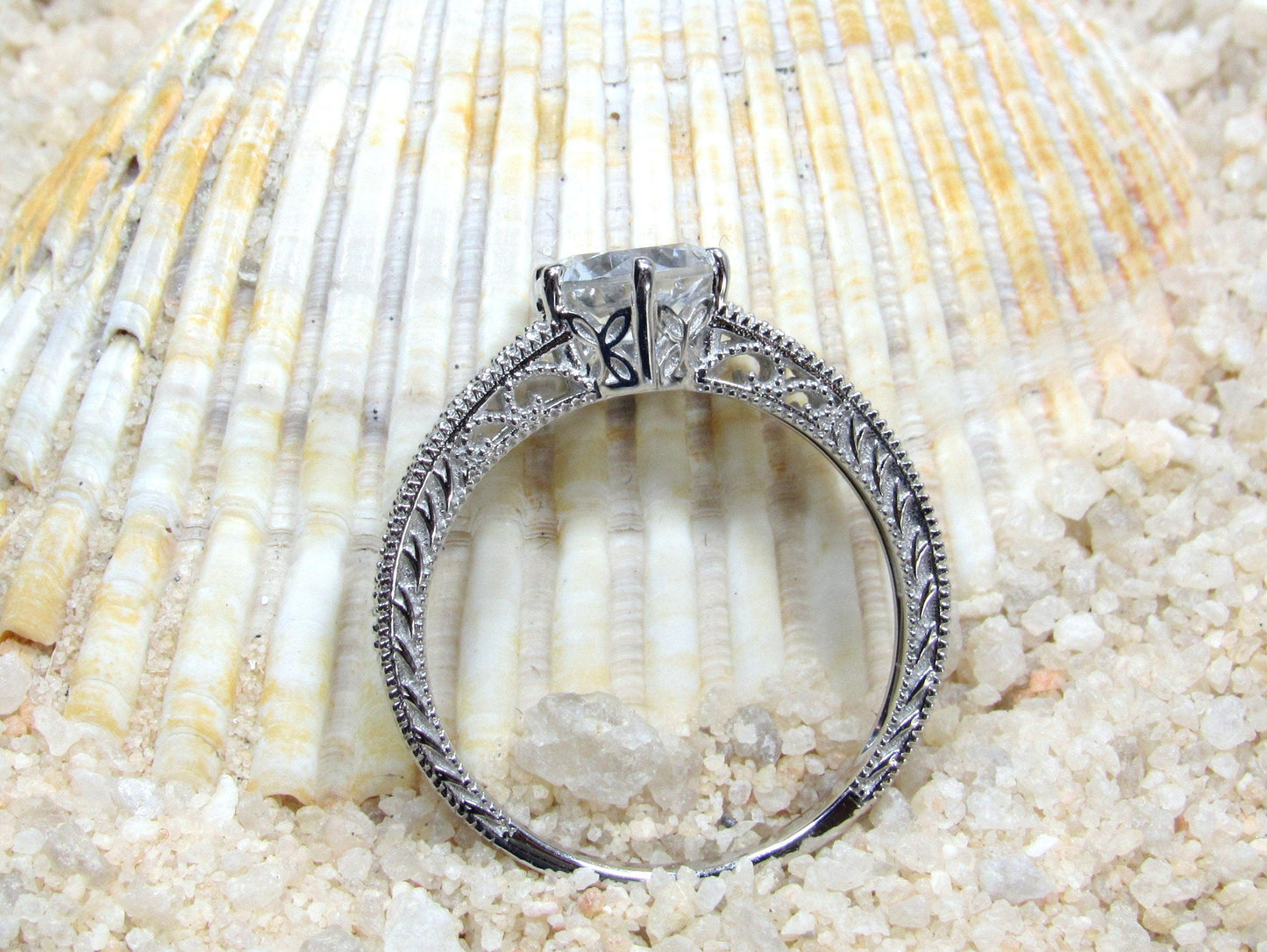 1ct 6mm Vintage Blue Moissanite Engagement Ring, Simulated Diamond,Antique Style Filigree Round Polymnia Petite White-Yellow-Rose Gold-Plt BellaMoreDesign.com