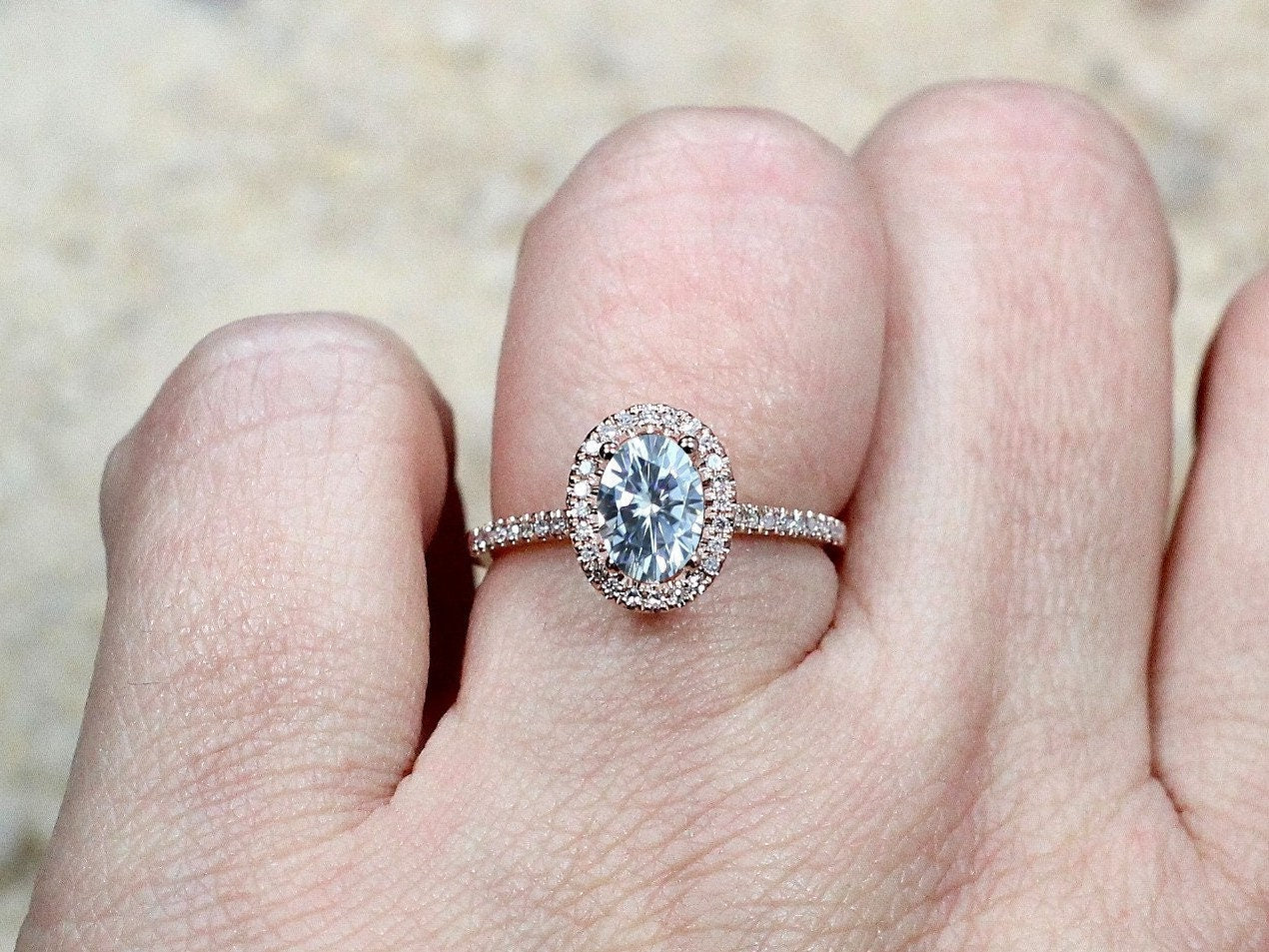 1ct Lab Created Diamond Ring, Lab Grown Diamond Oval Halo Engagement Ring, Petite Basket, 7x5mm Lab Diamond, Ovale BellaMoreDesign.com