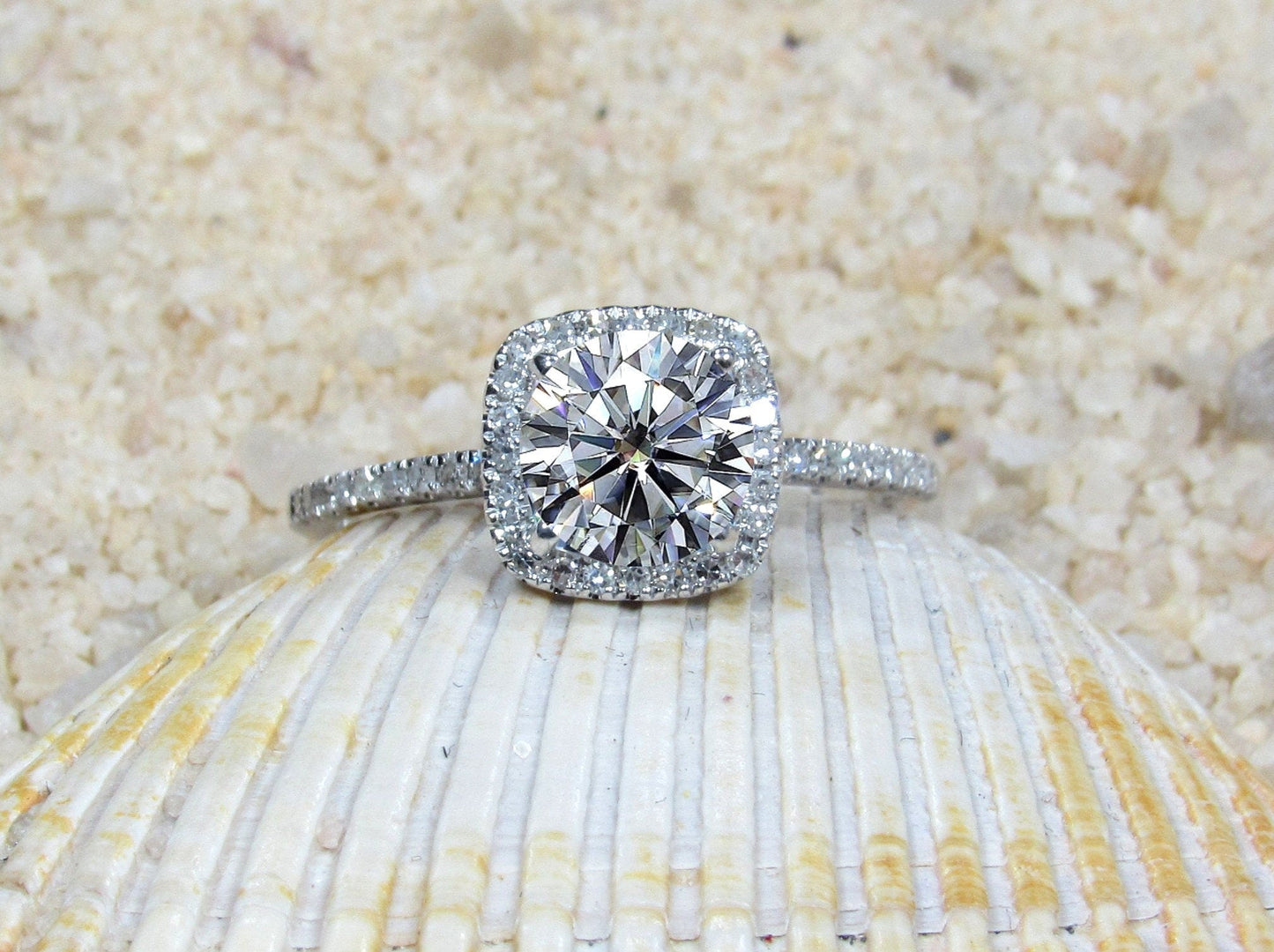 1ct Lab Grown Diamond Ring, 6mm Lab Created Diamond Engagement Ring, Lab Diamond Halo, Cuscino BellaMoreDesign.com