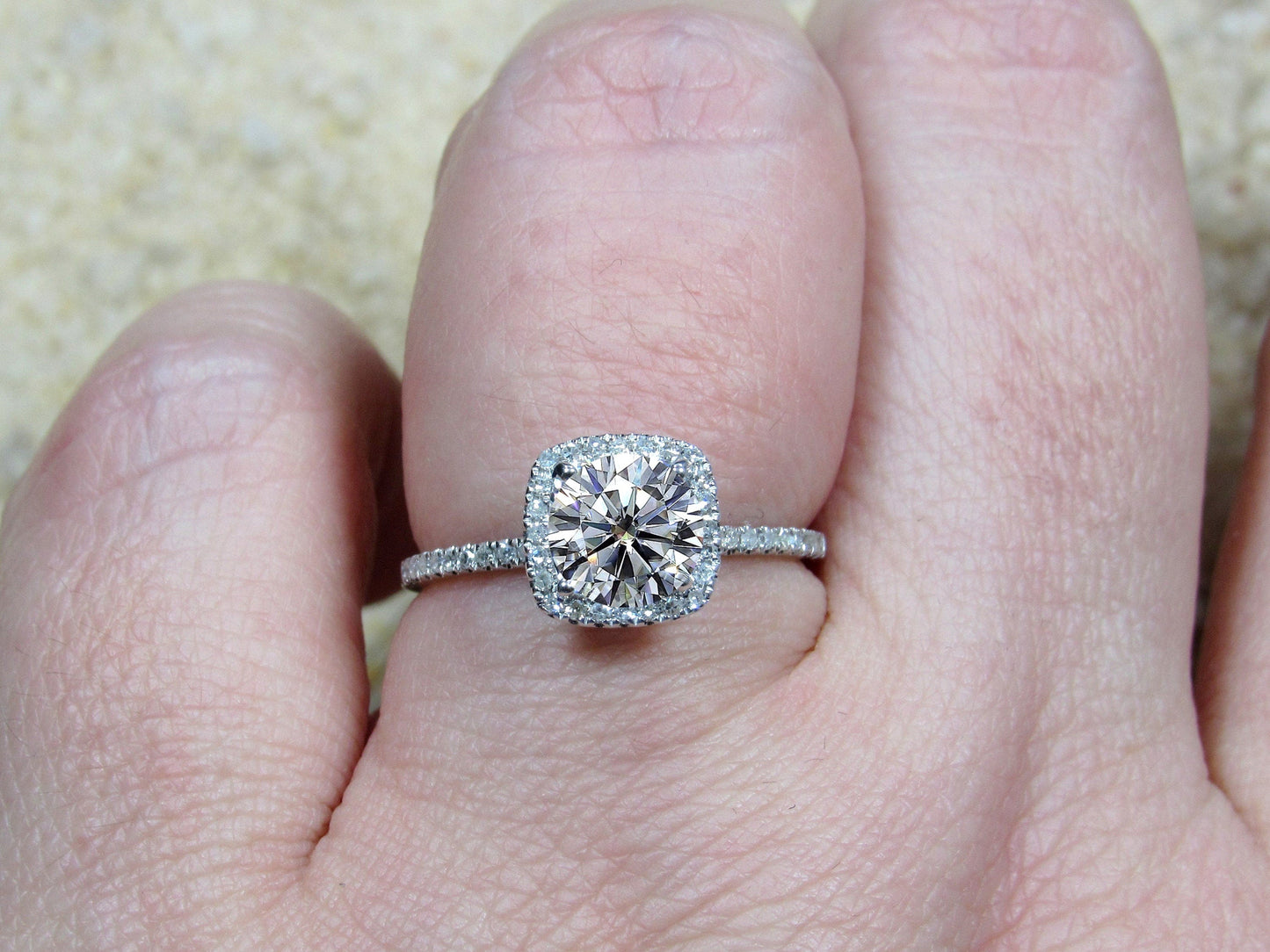 1ct Lab Grown Diamond Ring, 6mm Lab Created Diamond Engagement Ring, Lab Diamond Halo, Cuscino BellaMoreDesign.com