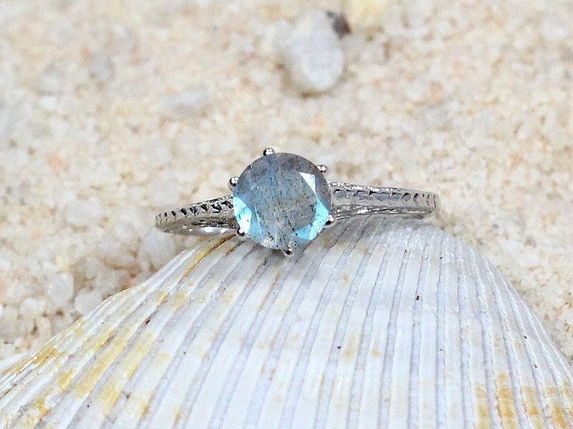 1ct Rhemba 6mm Labradorite Engagement Ring, Antique, Filigree, Vintage BellaMoreDesign.com