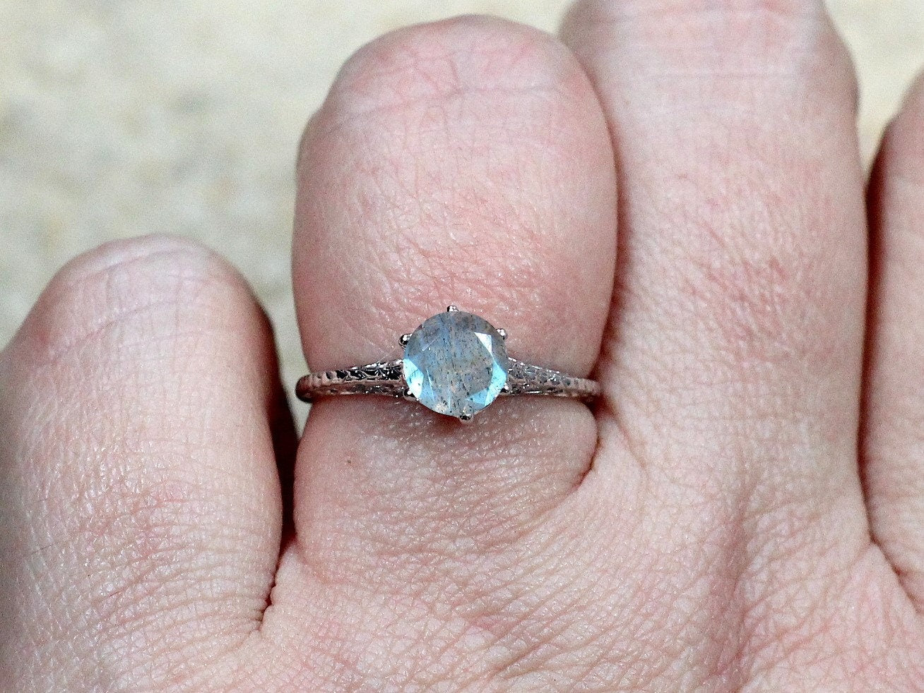 1ct Rhemba 6mm Labradorite Engagement Ring, Antique, Filigree, Vintage BellaMoreDesign.com