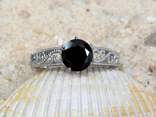 1ct Vintage Black Spinel Engagement Ring Antique Style Filigree Round Polymnia Petite Custom White-Yellow-Rose Gold-10k-14k-18k-Plat 6mm BellaMoreDesign.com