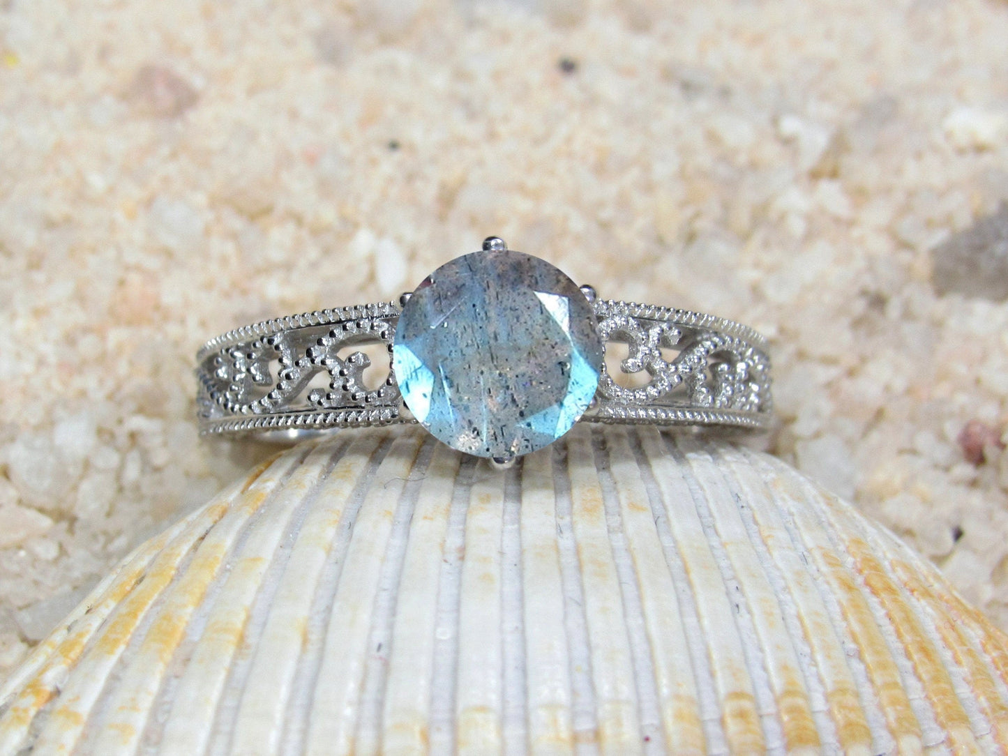 1ct Vintage Labradorite Engagement Ring Antique Style Filigree Round Polymnia Petite Custom White-Yellow-Rose Gold-10k-14k-18k-Plat 6mm BellaMoreDesign.com