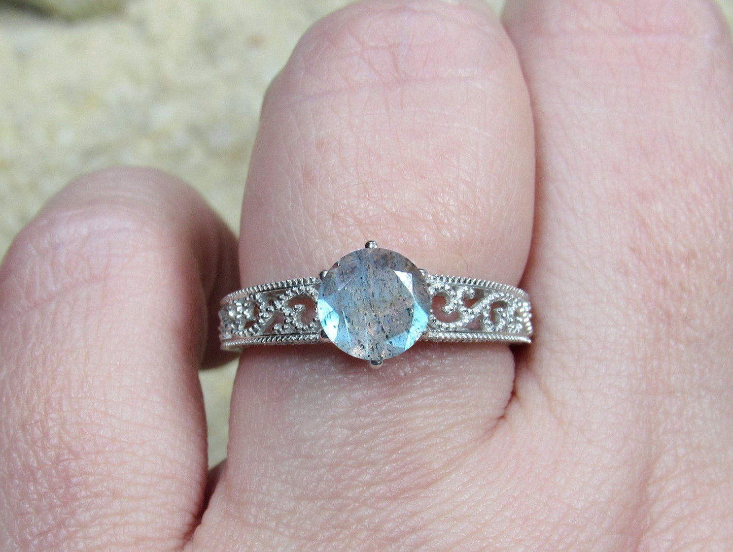 1ct Vintage Labradorite Engagement Ring Antique Style Filigree Round Polymnia Petite Custom White-Yellow-Rose Gold-10k-14k-18k-Plat 6mm BellaMoreDesign.com