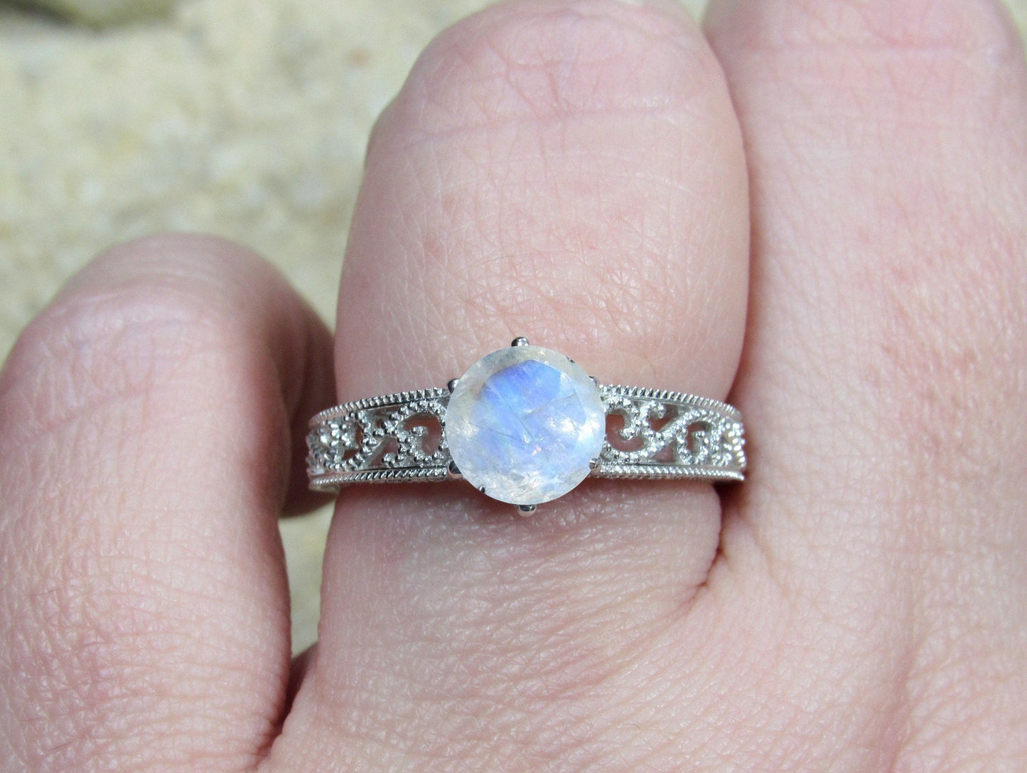 1ct Vintage Moonstone Engagement Ring Antique Style Filigree Round Polymnia Petite Custom White-Yellow-Rose Gold-10k-14k-18k-Plat 6mm BellaMoreDesign.com