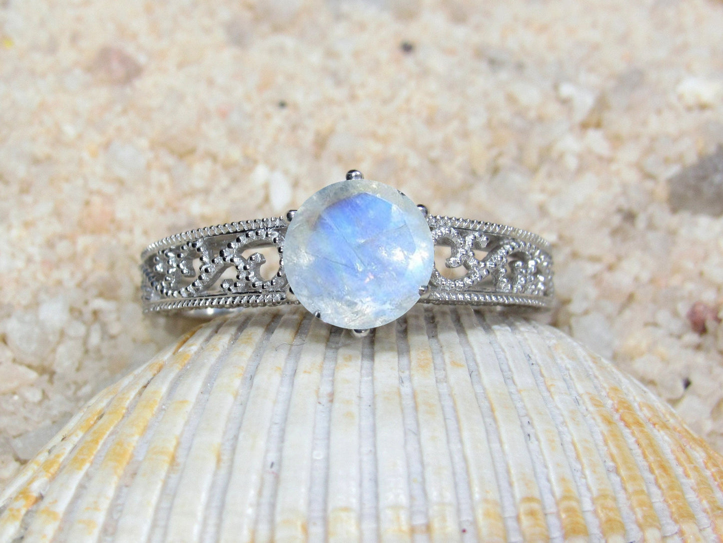 1ct Vintage Moonstone Engagement Ring Antique Style Filigree Round Polymnia Petite Custom White-Yellow-Rose Gold-10k-14k-18k-Plat 6mm BellaMoreDesign.com