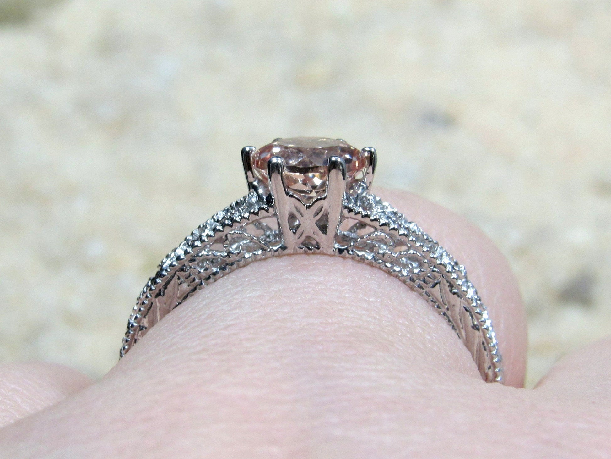 1ct Vintage Peach Sapphire Engagement Ring Antique Style Filigree Round Polymnia Petite Custom White-Yellow-Rose Gold-10k-14k-18k-Plat 6mm BellaMoreDesign.com