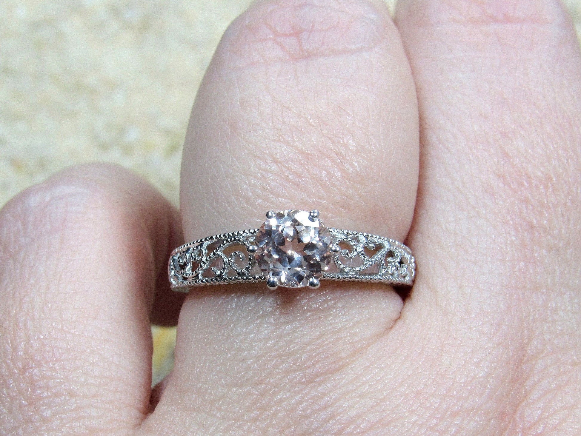 1ct Vintage Peach Sapphire Engagement Ring Antique Style Filigree Round Polymnia Petite Custom White-Yellow-Rose Gold-10k-14k-18k-Plat 6mm BellaMoreDesign.com