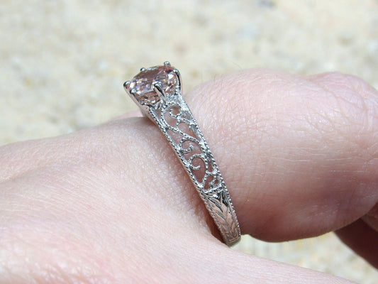 1ct Vintage Peach Sapphire Engagement Ring Antique Style Filigree Round Polymnia Petite Custom White-Yellow-Rose Gold-10k-14k-18k-Plat 6mm BellaMoreDesign.com