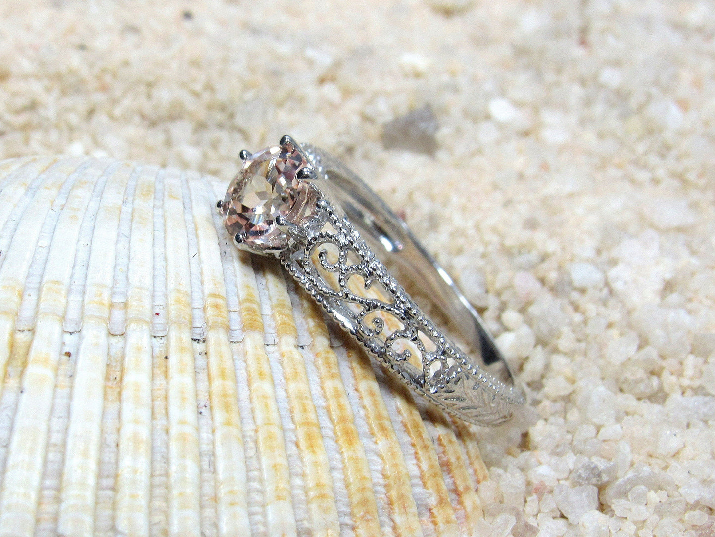 1ct Vintage Peach Sapphire Engagement Ring Antique Style Filigree Round Polymnia Petite Custom White-Yellow-Rose Gold-10k-14k-18k-Plat 6mm BellaMoreDesign.com