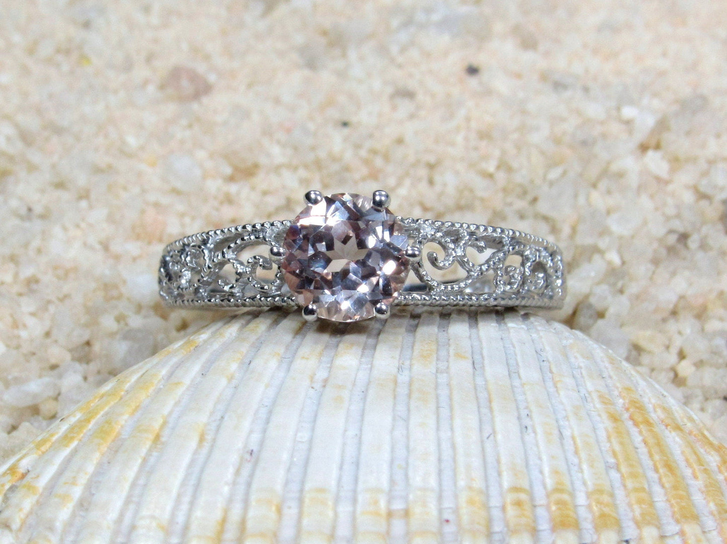1ct Vintage Peach Sapphire Engagement Ring Antique Style Filigree Round Polymnia Petite Custom White-Yellow-Rose Gold-10k-14k-18k-Plat 6mm BellaMoreDesign.com