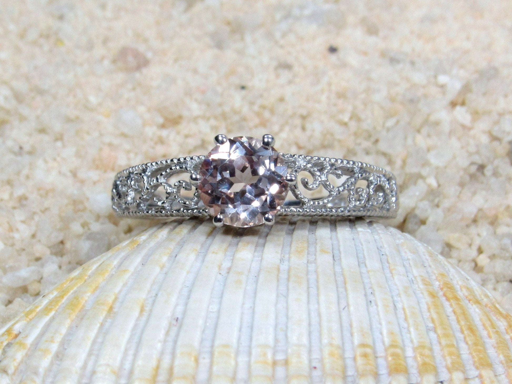 1ct Vintage Peach Sapphire Engagement Ring Antique Style Filigree Round Polymnia Petite Custom White-Yellow-Rose Gold-10k-14k-18k-Plat 6mm BellaMoreDesign.com