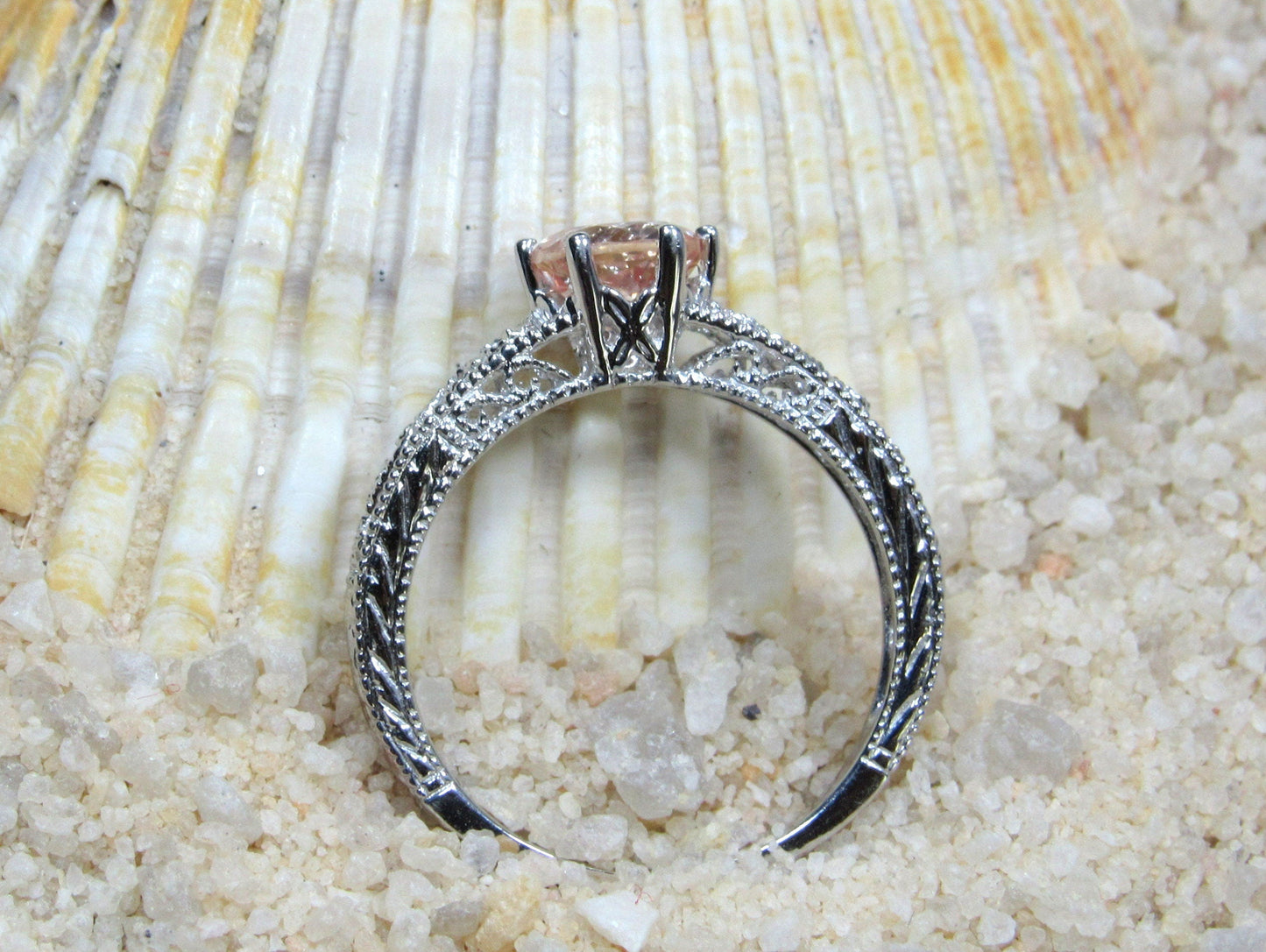 1ct Vintage Peach Sapphire Engagement Ring Antique Style Filigree Round Polymnia Petite Custom White-Yellow-Rose Gold-10k-14k-18k-Plat 6mm BellaMoreDesign.com