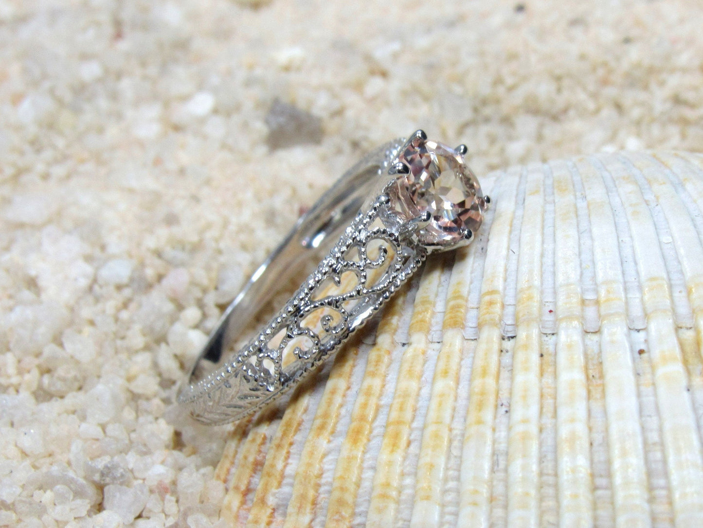 1ct Vintage Peach Sapphire Engagement Ring Antique Style Filigree Round Polymnia Petite Custom White-Yellow-Rose Gold-10k-14k-18k-Plat 6mm BellaMoreDesign.com