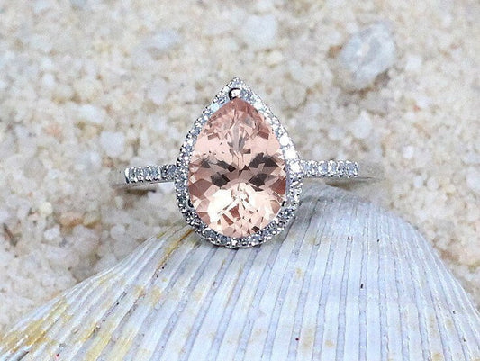 2.5ct Goccia 10x7mm Peach Sapphire & Diamond Pear Halo Drop Cut Engagement Ring. BellaMoreDesign.com