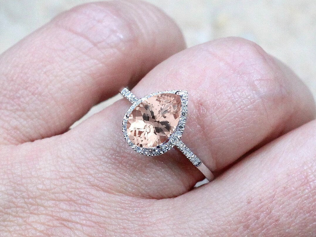 2.5ct Goccia 10x7mm Peach Sapphire & Diamond Pear Halo Drop Cut Engagement Ring. BellaMoreDesign.com