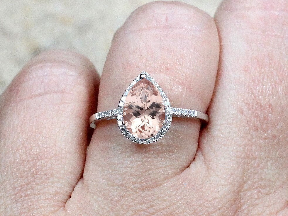 2.5ct Goccia 10x7mm Peach Sapphire & Diamond Pear Halo Drop Cut Engagement Ring. BellaMoreDesign.com