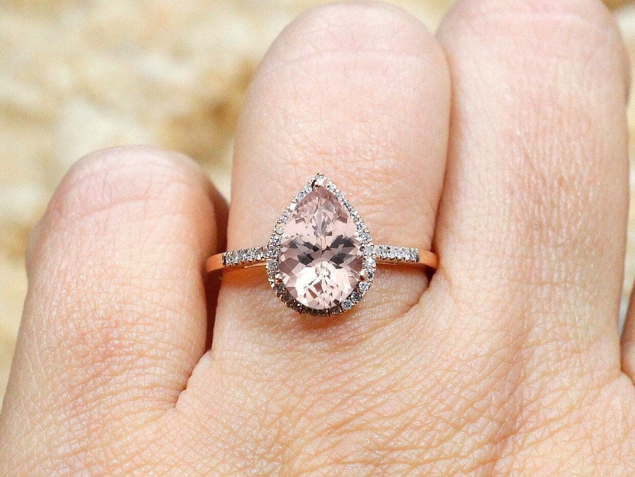 2.5ct Goccia 10x7mm Peach Sapphire & Diamonds Engagement Ring Pear drop Cut Halo BellaMoreDesign.com