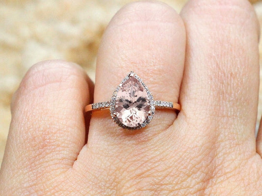 2.5ct Goccia 10x7mm Peach Sapphire & Diamonds Engagement Ring Pear drop Cut Halo BellaMoreDesign.com