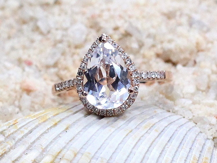 2.5ct Goccia 10x7mm White Sapphire & Diamond Pear Halo Drop Cut Engagement Ring. BellaMoreDesign.com