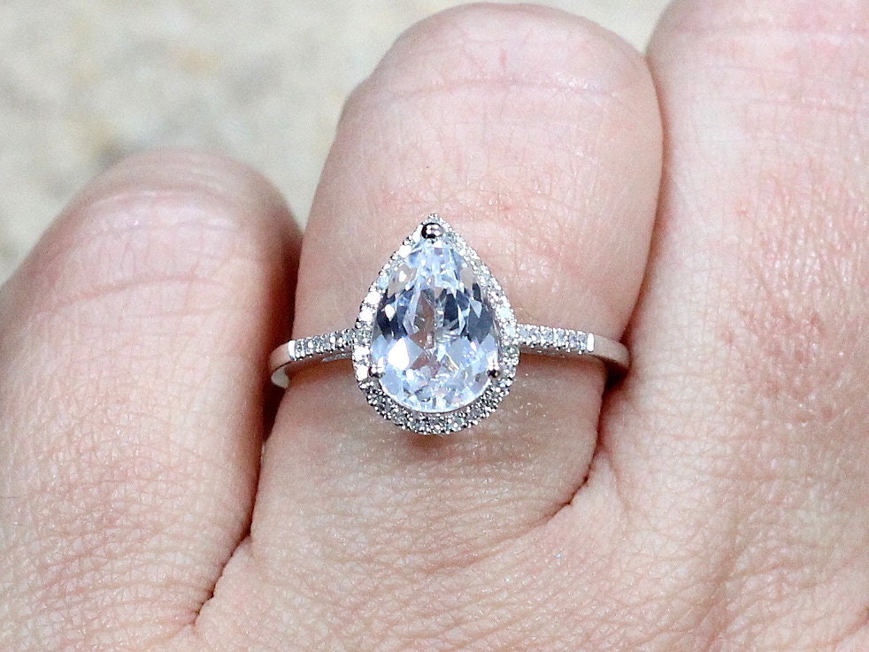 2.5ct Goccia 10x7mm White Sapphire & Diamond Pear Halo Drop Cut Engagement Ring. BellaMoreDesign.com