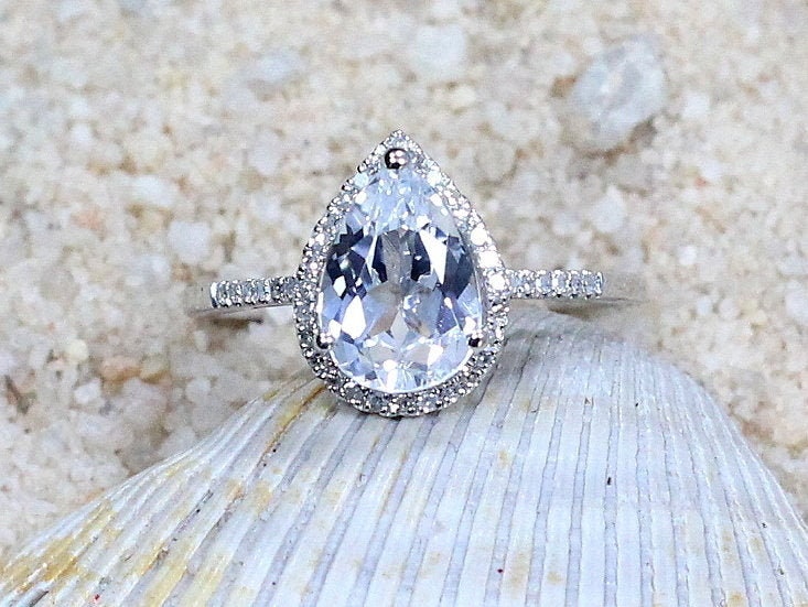 2.5ct Goccia 10x7mm White Sapphire & Diamond Pear Halo Drop Cut Engagement Ring. BellaMoreDesign.com