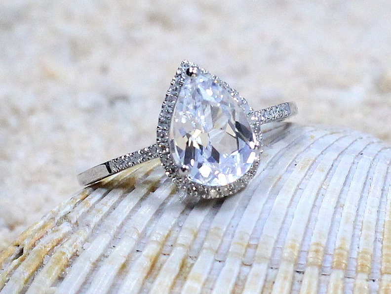2.5ct Goccia 10x7mm White Sapphire & Diamond Pear Halo Drop Cut Engagement Ring. BellaMoreDesign.com