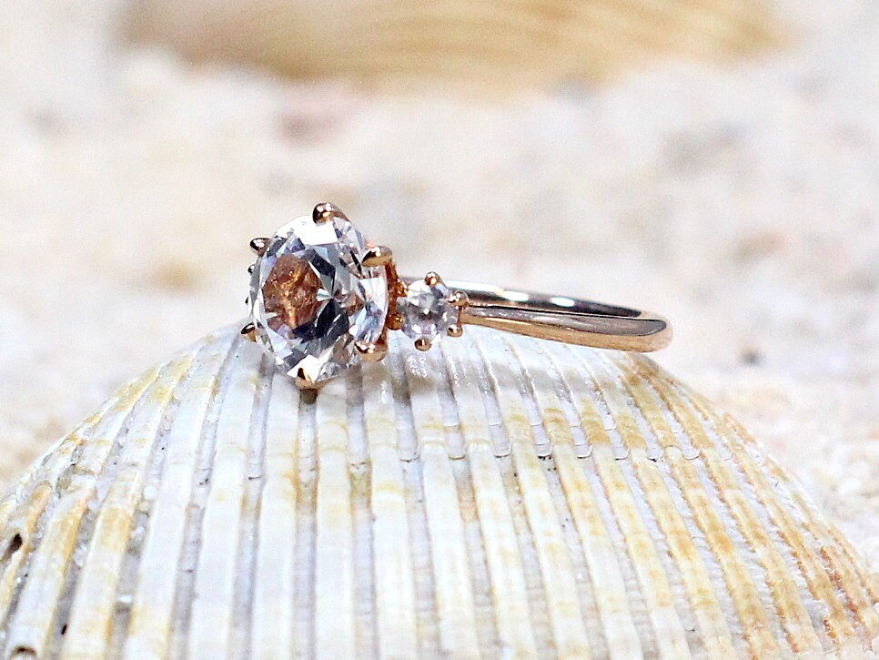 2ct Cupid 8mm Peach and White Sapphire 3 Gem Stone Engagement Ring BellaMoreDesign.com