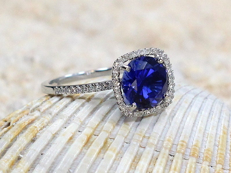 2ct Cuscino 8mm Blue Sapphire & Diamond Cushion Halo Engagement Ring BellaMoreDesign.com