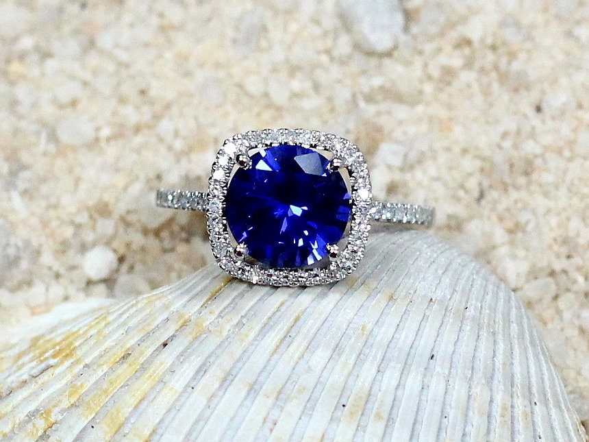 2ct Cuscino 8mm Blue Sapphire & Diamond Cushion Halo Engagement Ring BellaMoreDesign.com