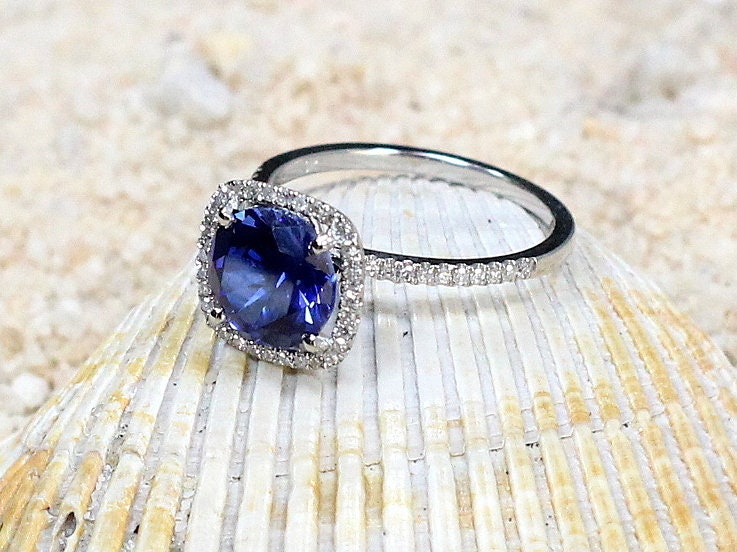 2ct Cuscino 8mm Blue Sapphire & Diamond Cushion Halo Engagement Ring BellaMoreDesign.com