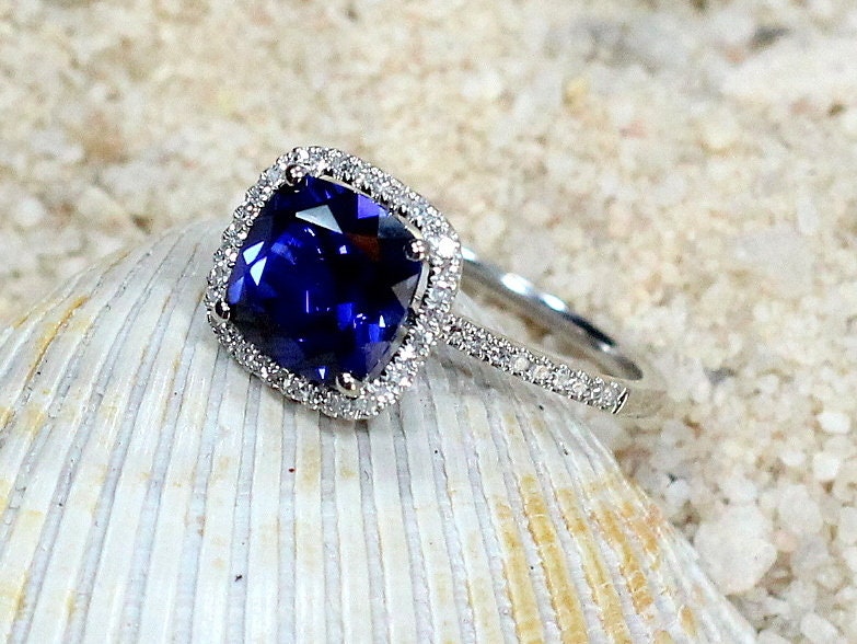 2ct Cuscino 8mm Blue Sapphire & Diamond Cushion Halo Engagement Ring BellaMoreDesign.com