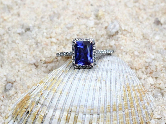 2ct Hemera 8x6mm Blue Sapphire Emerald Cut & Diamond Halo Engagement Ring BellaMoreDesign.com