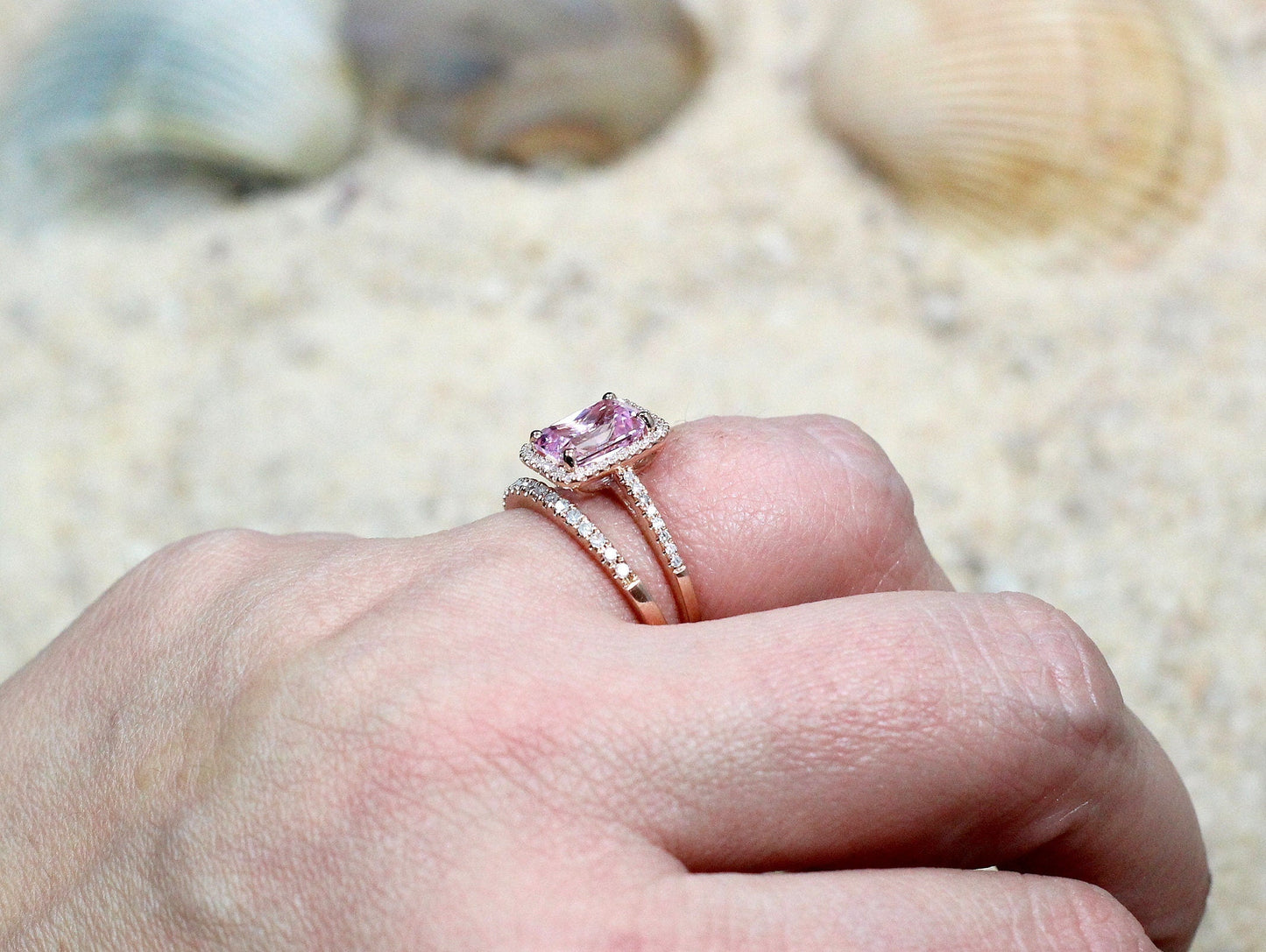 2ct Hemera 8x6mm Pink Sapphire Engagement Ring Set & Diamond Accent Emerald Halo Wedding Band Set BellaMoreDesign.com