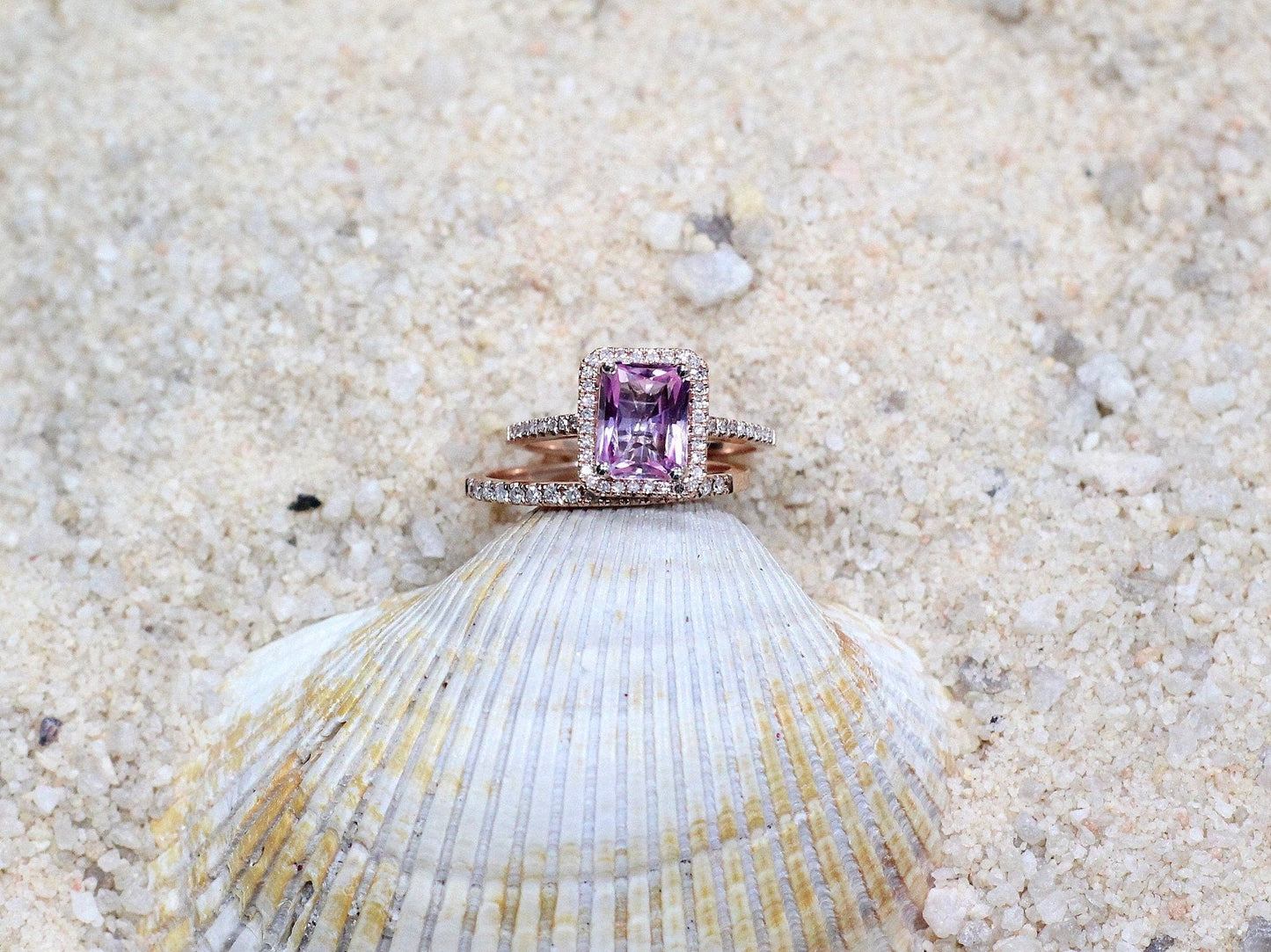 2ct Hemera 8x6mm Pink Sapphire Engagement Ring Set & Diamond Accent Emerald Halo Wedding Band Set BellaMoreDesign.com