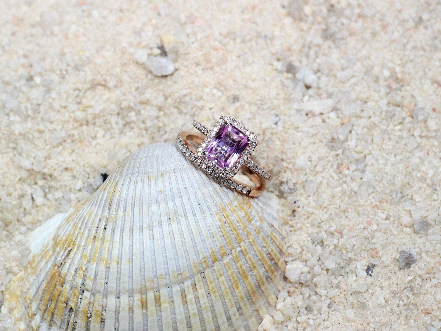 2ct Hemera 8x6mm Pink Sapphire Engagement Ring Set & Diamond Accent Emerald Halo Wedding Band Set BellaMoreDesign.com