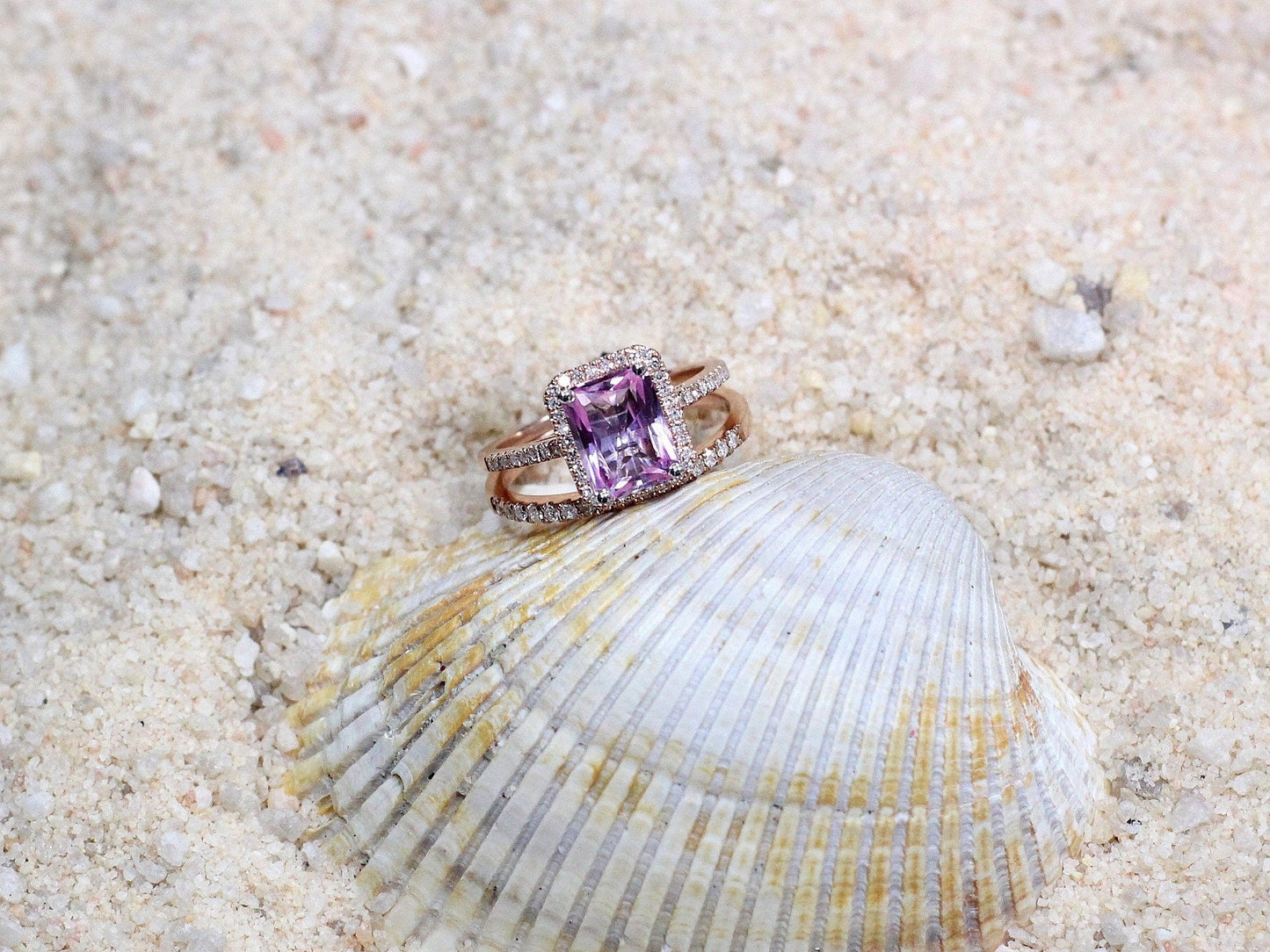 2ct Hemera 8x6mm Pink Sapphire Engagement Ring Set & Diamond Accent Emerald Halo Wedding Band Set BellaMoreDesign.com