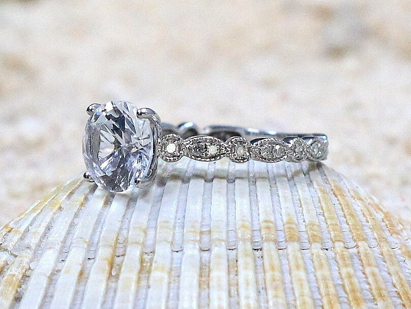 2ct Lab Created Diamond Engagement Ring, Lab Diamond Bezel Leaf Band, 8mm Lab Grown Diamond Ring, Aeolus BellaMoreDesign.com