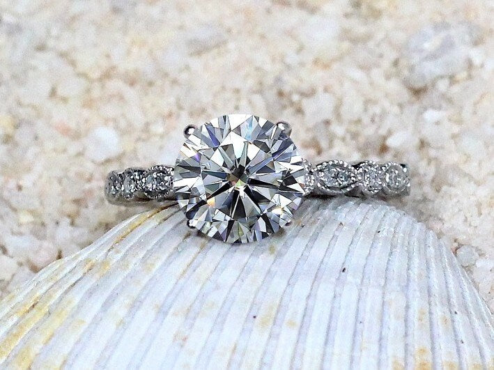 2ct Lab Created Diamond Engagement Ring, Lab Diamond Bezel Leaf Band, 8mm Lab Grown Diamond Ring, Aeolus BellaMoreDesign.com