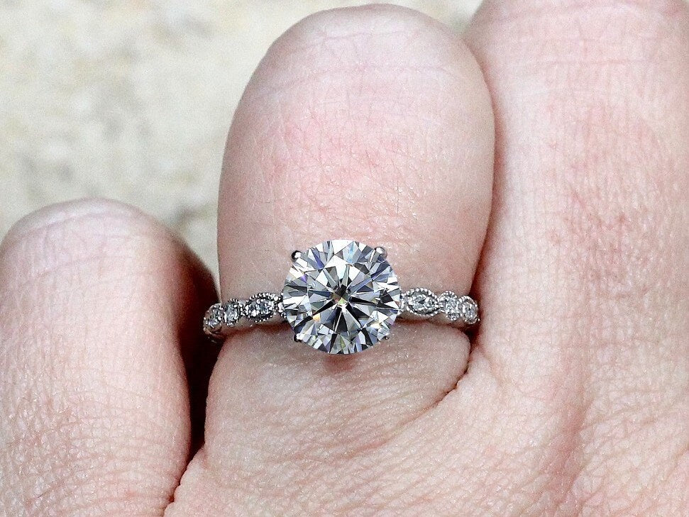 2ct Lab Created Diamond Engagement Ring, Lab Diamond Bezel Leaf Band, 8mm Lab Grown Diamond Ring, Aeolus BellaMoreDesign.com