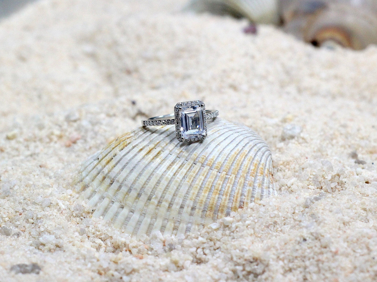 2ct Lab Created Diamond Ring, Lab Diamond Band, Lab Grown Diamond Emerald Cut Ring, Lab Diamond Halo Ring , Ione BellaMoreDesign.com