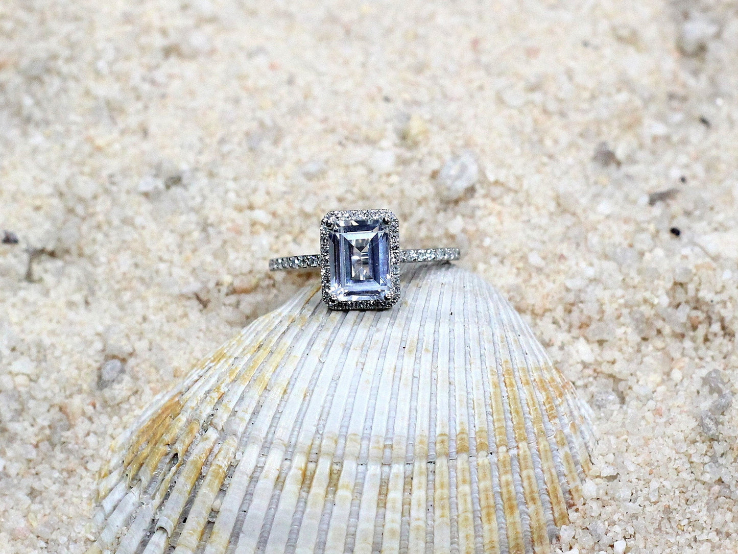 2ct Lab Created Diamond Ring, Lab Diamond Band, Lab Grown Diamond Emerald Cut Ring, Lab Diamond Halo Ring , Ione BellaMoreDesign.com