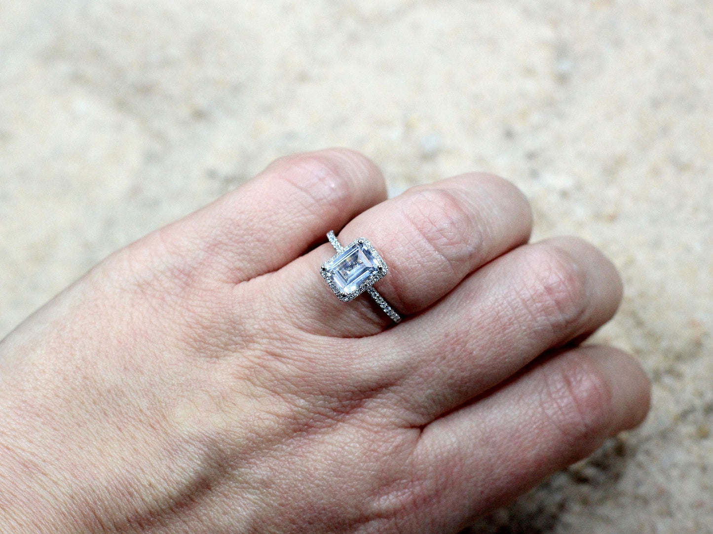 2ct Lab Created Diamond Ring, Lab Diamond Band, Lab Grown Diamond Emerald Cut Ring, Lab Diamond Halo Ring , Ione BellaMoreDesign.com